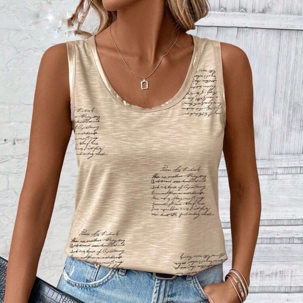 Script Print Sleeveless Top - Cream and Gold
